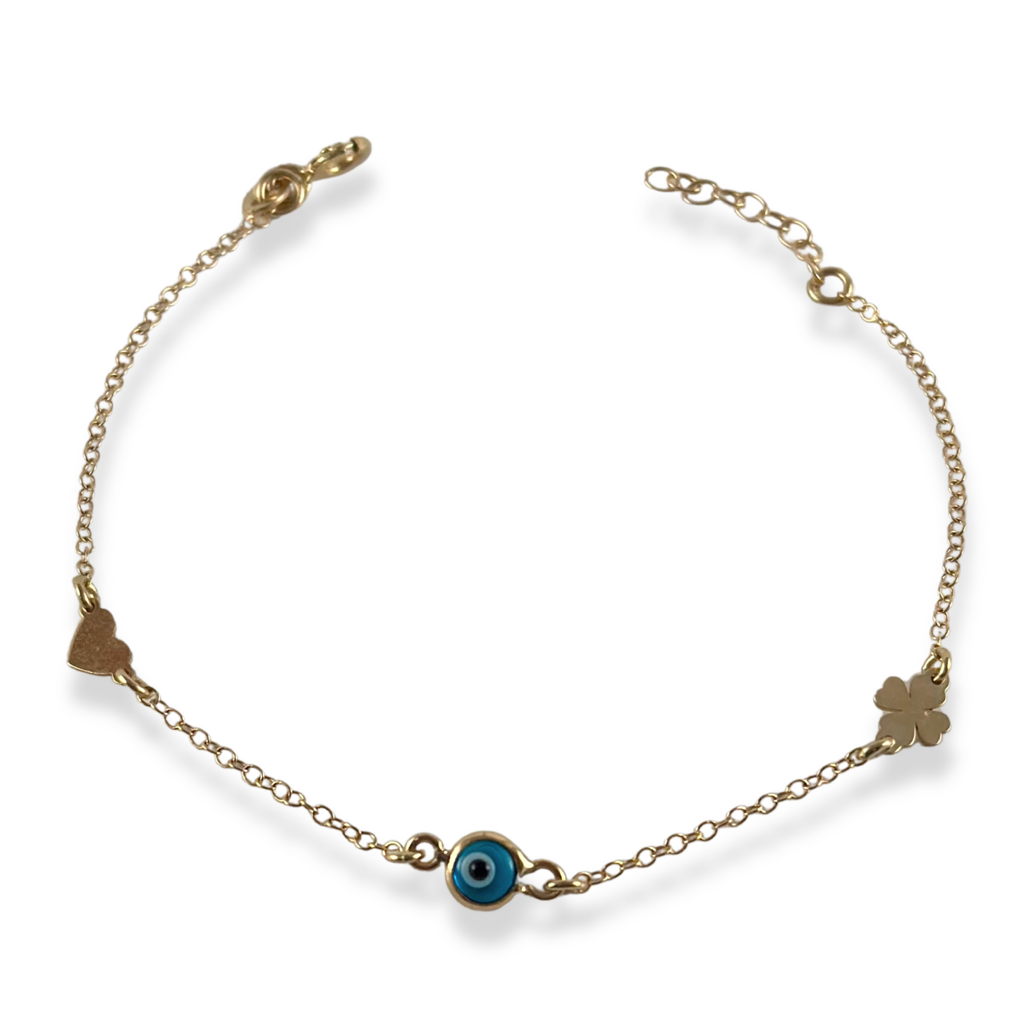 ADJUSTABLE EVIL EYE AND CLOVER BRACELET