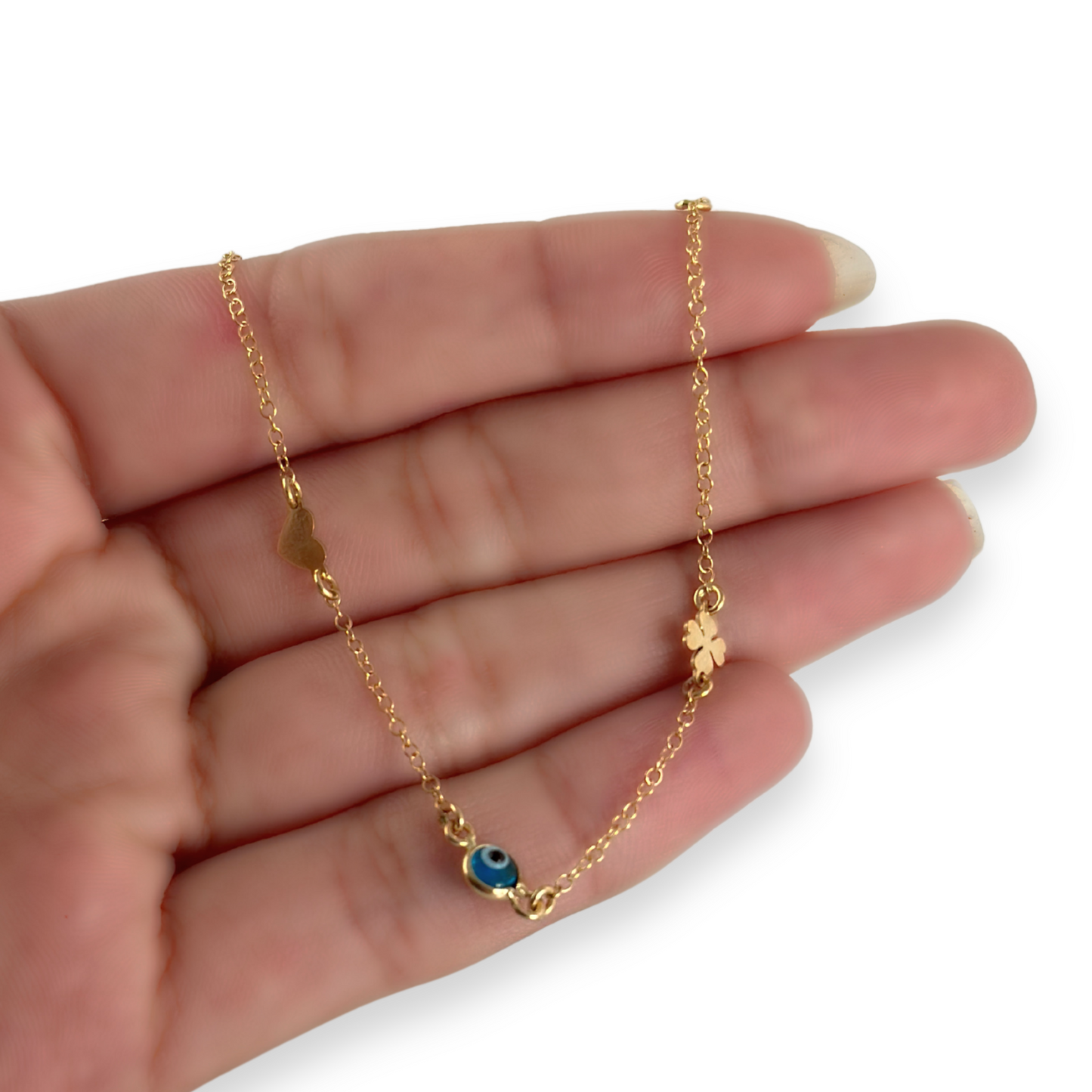 ADJUSTABLE EVIL EYE AND CLOVER BRACELET
