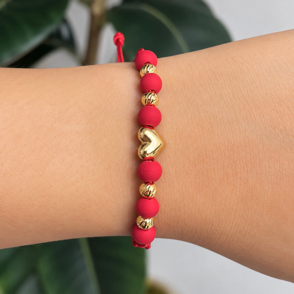 Red Macramé Gold Heart Bracelet