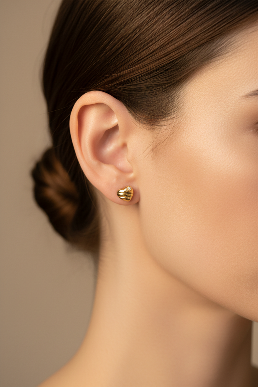 Modelo usando arete HEARTS ultra pequeño - fotografía profesional