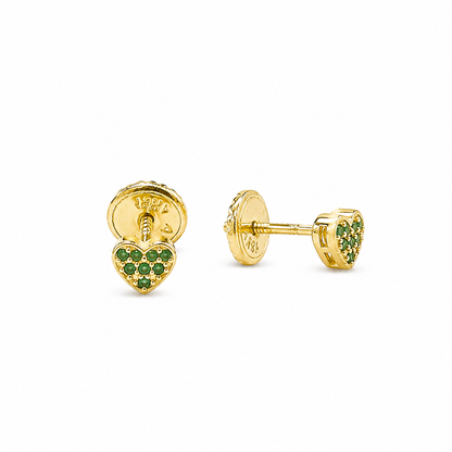Pendientes de oro de 18 quilates con diseño de mini corazón verde y piedras / 0,52 g / 3 mm