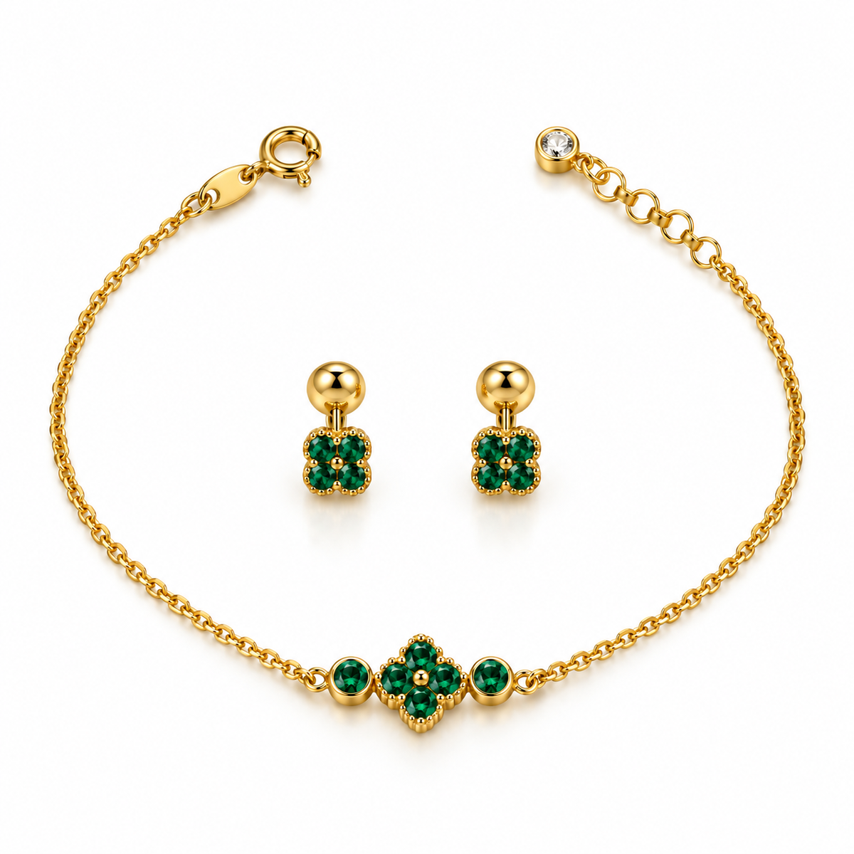 Green Clover Bracelet and Earrings Set / Bracelet 1.94 gr / 19 cm / Earrings 1.15 gr / 18K Italian Gold
