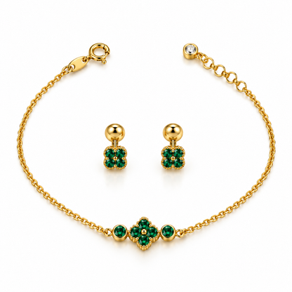 Green Clover Bracelet and Earrings Set / Bracelet 1.94 gr / 19 cm / Earrings 1.15 gr / 18K Italian Gold