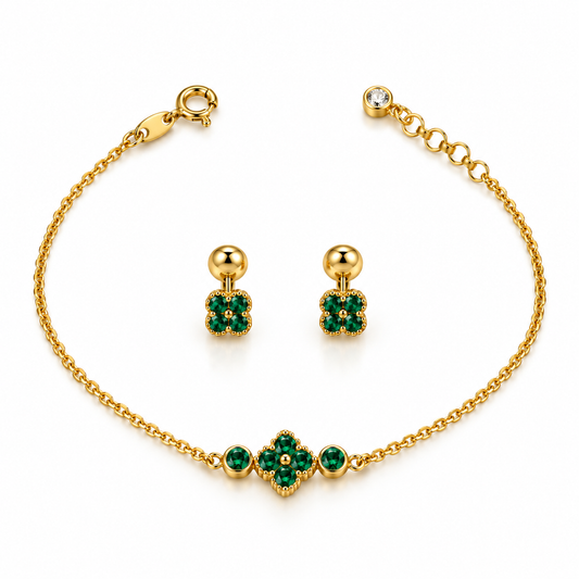 Juego de Pulsera y Pendientes de Trébol Verde / Pulsera 1.94 gr / 19 cm / Pendientes 1.15 gr / Oro italiano de 18K
