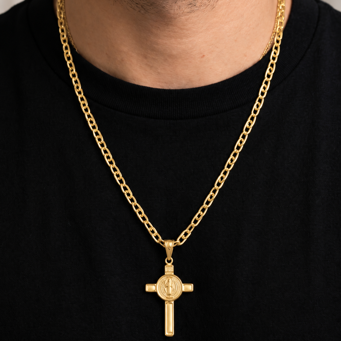 Tiger Eye Link Chain with Saint Benedict Cross Pendant / 15.98 gr / 60 cm / 5 mm / 18K Italian Gold