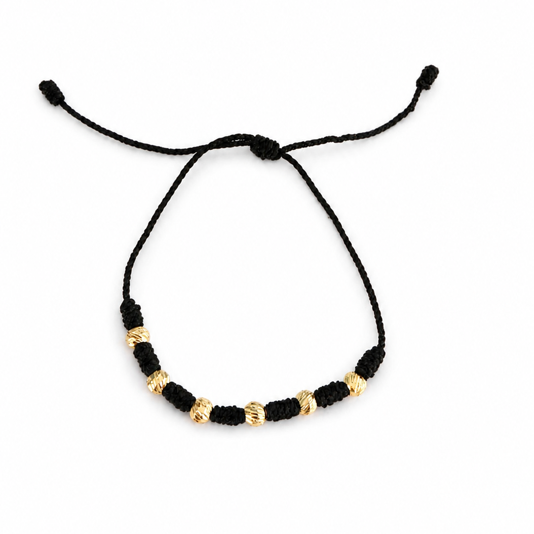 Black 5mm Bracelet With 6 Diamond-Cut Smooth Balls In 18K Yellow Gold