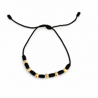 Black 5mm Bracelet With 6 Diamond-Cut Smooth Balls In 18K Yellow Gold