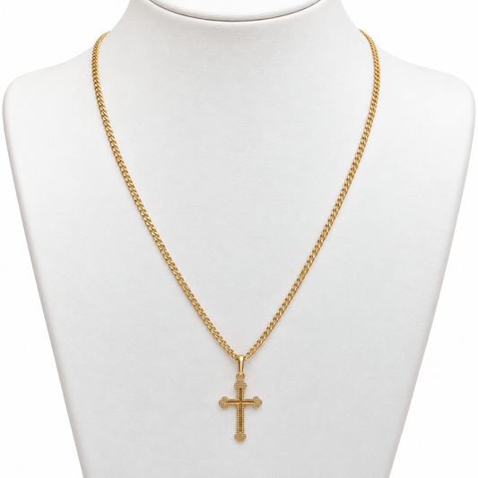 Mini Cubana Chain with with Diamond-Cut Cross Pendant / 2.22 gr / 45 cm / 2 mm / 18K Italian Gold