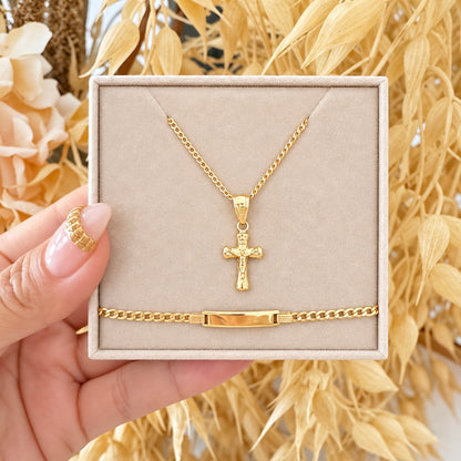 Crucifix Necklace and ID Bracelet Set  / Chain 1.32 gr / 50 cm / Pendant 0.50 gr / Bracelet 1.72 gr / 18K Italian Gold