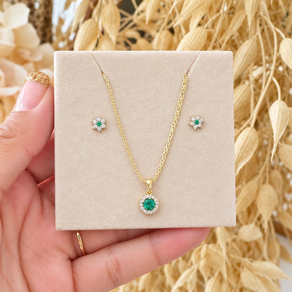 Green Zirconia Necklace and Earrings Set / Chain 3.10 gr/ 45cm/ Earrings /0.85 gr /18K Italian Gold