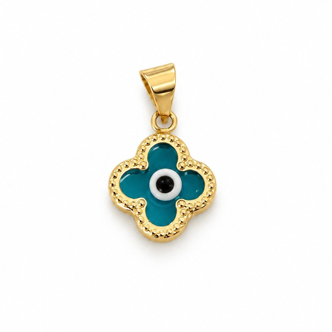 Blue Evil Eye Clover Pendant / 0.70 gr / 1.6 cm / 18K Italian Gold