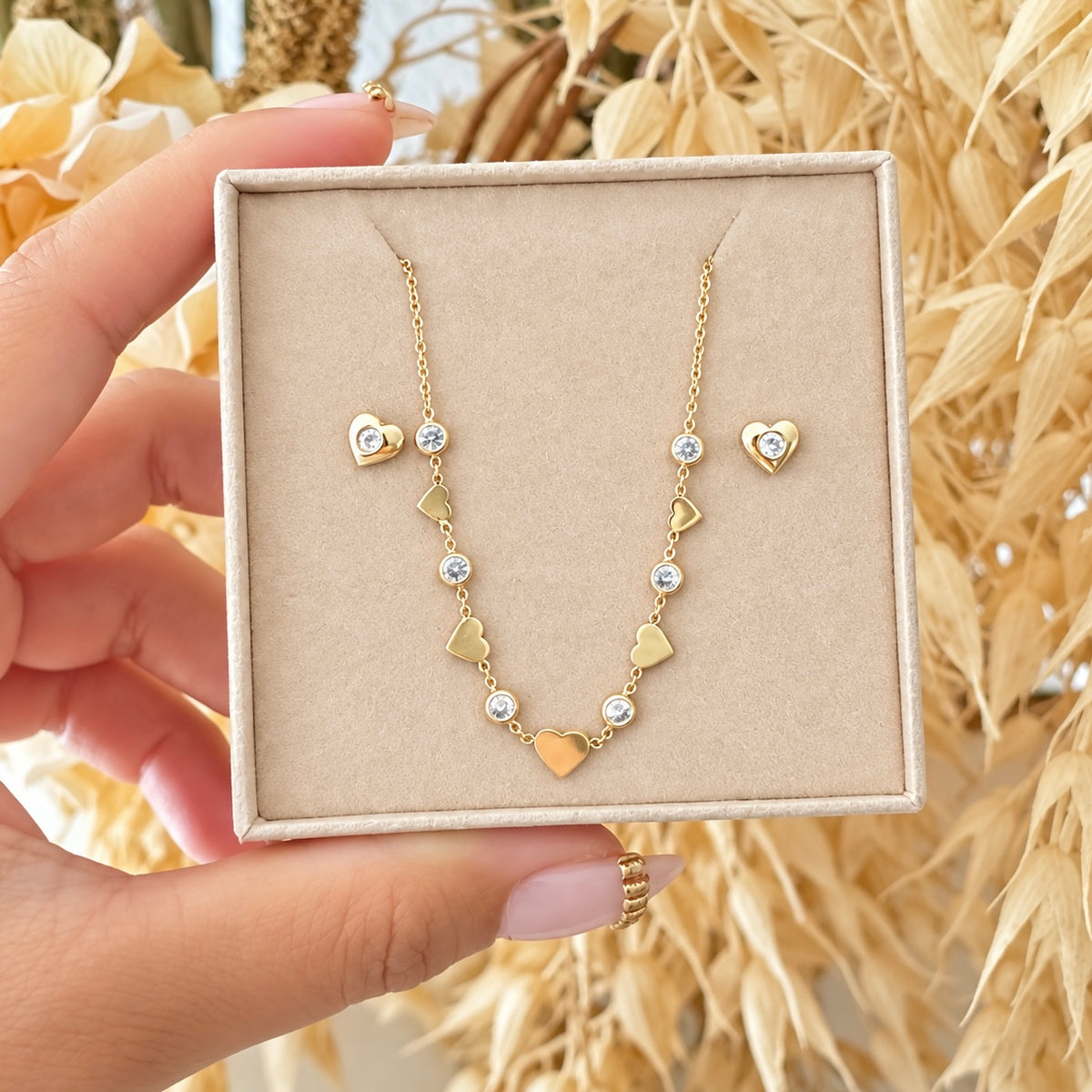Heart Necklace and Earrings Set with White Zirconia / Chain 2.88 gr / 45cm / Earrings 0.85 gr / 18K Italian Gold