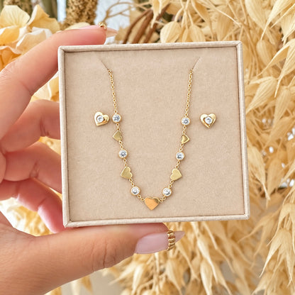 Heart Necklace and Earrings Set with White Zirconia / Chain 2.88 gr / 45cm / Earrings 0.85 gr / 18K Italian Gold
