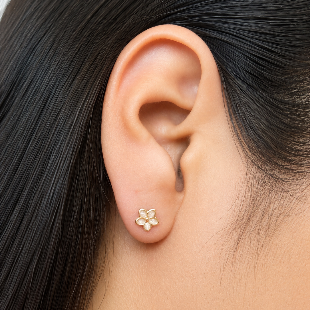 FLOWER  WHITE  EARRINGS / 3 MM / 18K ITALIAN GOLD