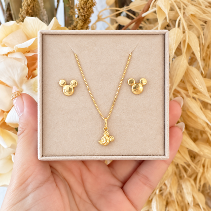 Mickey Mouse Necklace and Earrings Set  / Chain 1.75 gr / 50 cm / Pendant 0.58 gr / Earrings 1.42 gr / 18K Italian Gold
