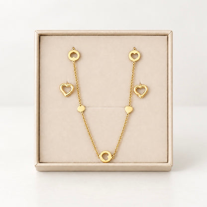 Open Heart Necklace and Earrings Set  / Chain 2.51 gr / 42 cm / Earrings 0.85 gr / 18K Italian Gold