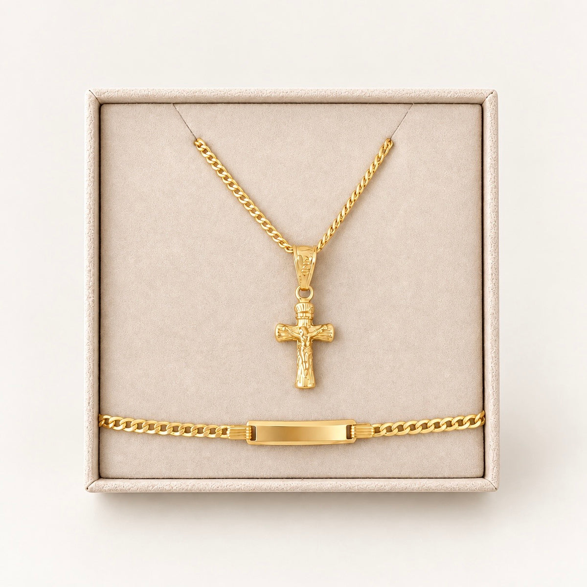 Crucifix Necklace and ID Bracelet Set  / Chain 1.32 gr / 50 cm / Pendant 0.50 gr / Bracelet 1.72 gr / 18K Italian Gold