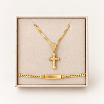 Crucifix Necklace and ID Bracelet Set  / Chain 1.32 gr / 50 cm / Pendant 0.50 gr / Bracelet 1.72 gr / 18K Italian Gold