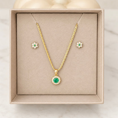 Green Zirconia Necklace and Earrings Set / Chain 3.10 gr/ 45cm/ Earrings /0.85 gr /18K Italian Gold