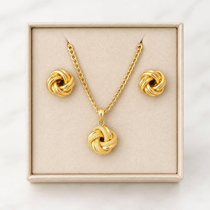 Gold Love Knot Necklace and Earrings Set / Chain 2.30 gr / 50 cm / Pendant 0.99gr / Earrings 2.30 gr / 18K Italian Gold