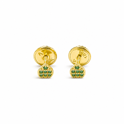 Pendientes de oro de 18 quilates con diseño de mini corazón verde y piedras / 0,52 g / 3 mm