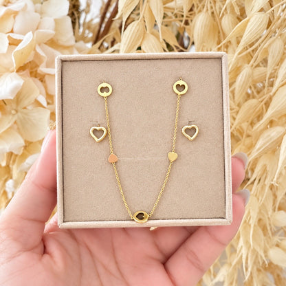 Open Heart Necklace and Earrings Set  / Chain 2.51 gr / 42 cm / Earrings 0.85 gr / 18K Italian Gold
