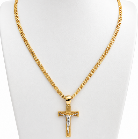 Bismarck Chain with Two-Tone Cross Pendant / 13.8 gr / 60 cm / 4.8 mm / 18K Italian Gold