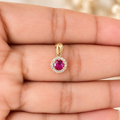 Ruby Pink Halo Pendant  / 0.63 gr / 1.2 cm / 18K Italian Gold