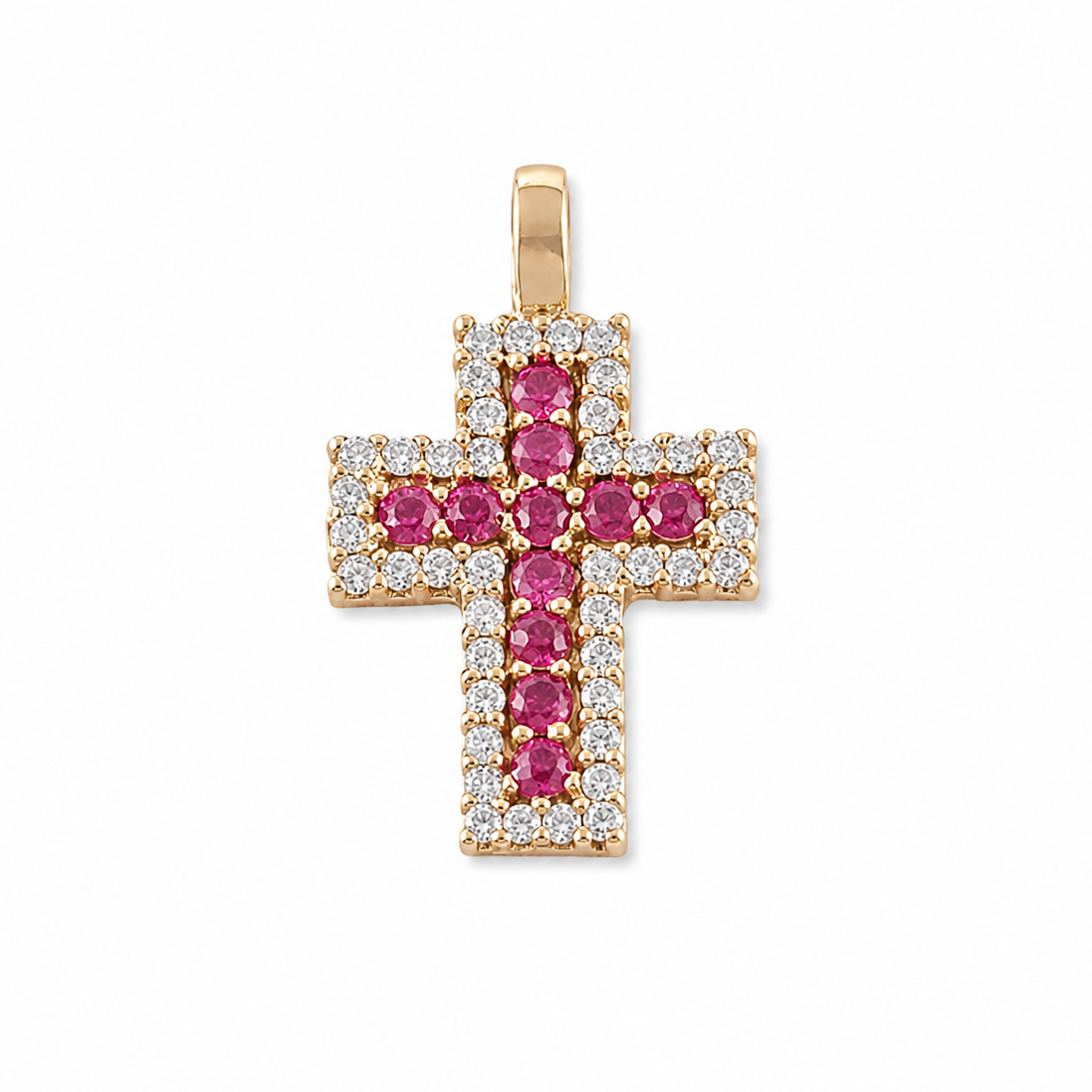 CRUZ CON CIRCONITAS ROSAS Y BLANCAS / 1.86 gr / 2.2 cm / ORO ITALIANO DE 18K