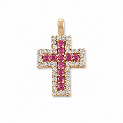 CRUZ CON CIRCONITAS ROSAS Y BLANCAS / 1.86 gr / 2.2 cm / ORO ITALIANO DE 18K