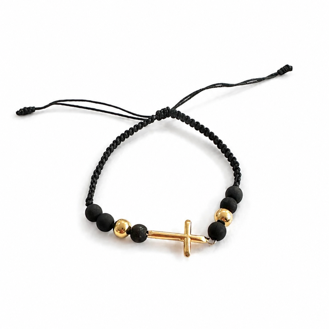 Black Macramé Cross Bracelet with Matte Gold Beads