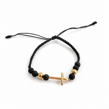 Black Macramé Cross Bracelet with Matte Gold Beads