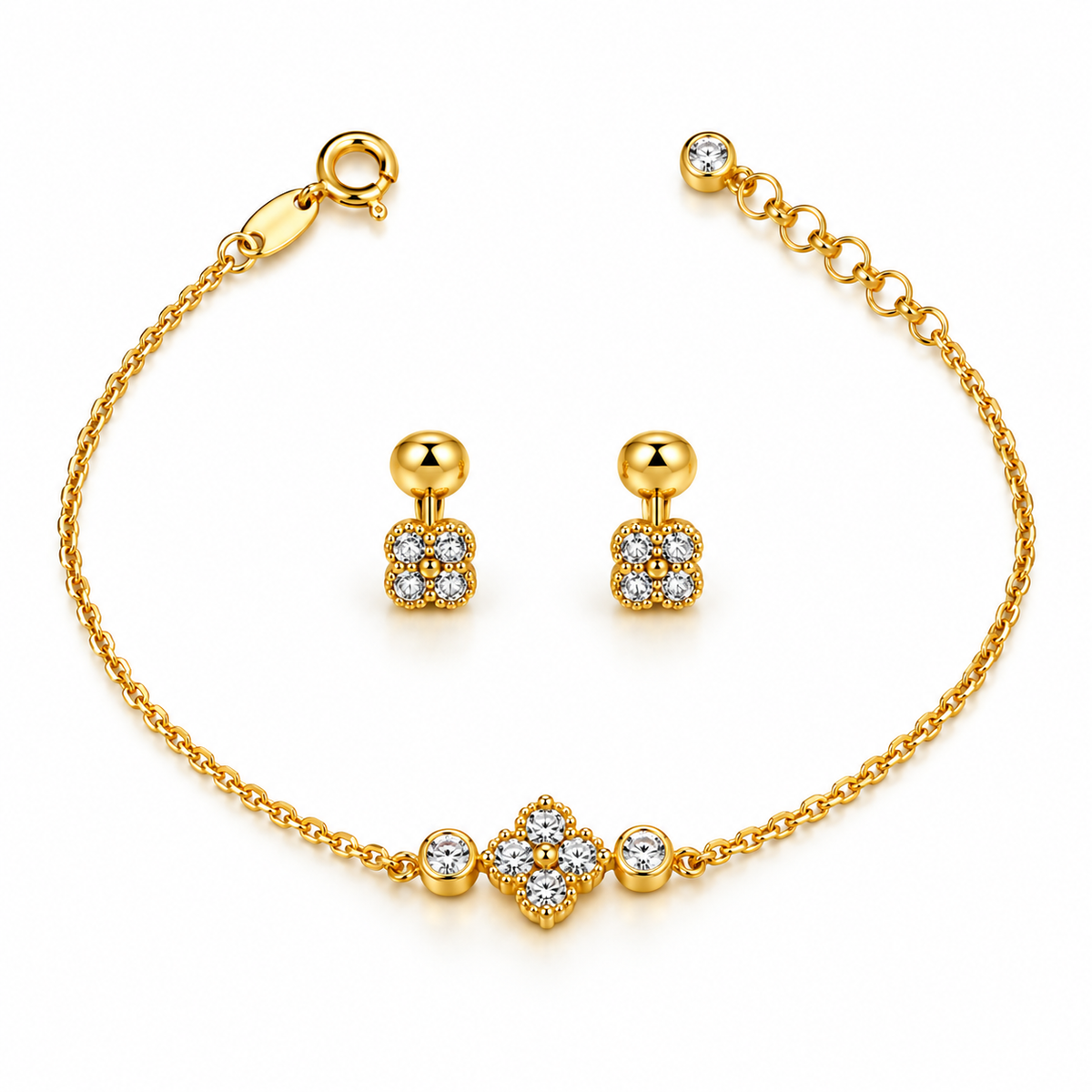 White Clover Bracelet and Earrings Set / Bracelet 1.68 gr / 19 cm / Earrings 1.15 gr / 18K Italian Gold