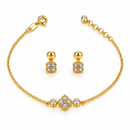 White Clover Bracelet and Earrings Set / Bracelet 1.68 gr / 19 cm / Earrings 1.15 gr / 18K Italian Gold