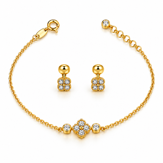 Juego de Pulsera y Pendientes de Trébol Blanco / Pulsera 1.68 gr / 19 cm / Pendientes 1.15 gr / Oro italiano de 18K