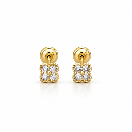 White Stone Clover Stud Earrings 1.18 gr / 5 mm / 18K