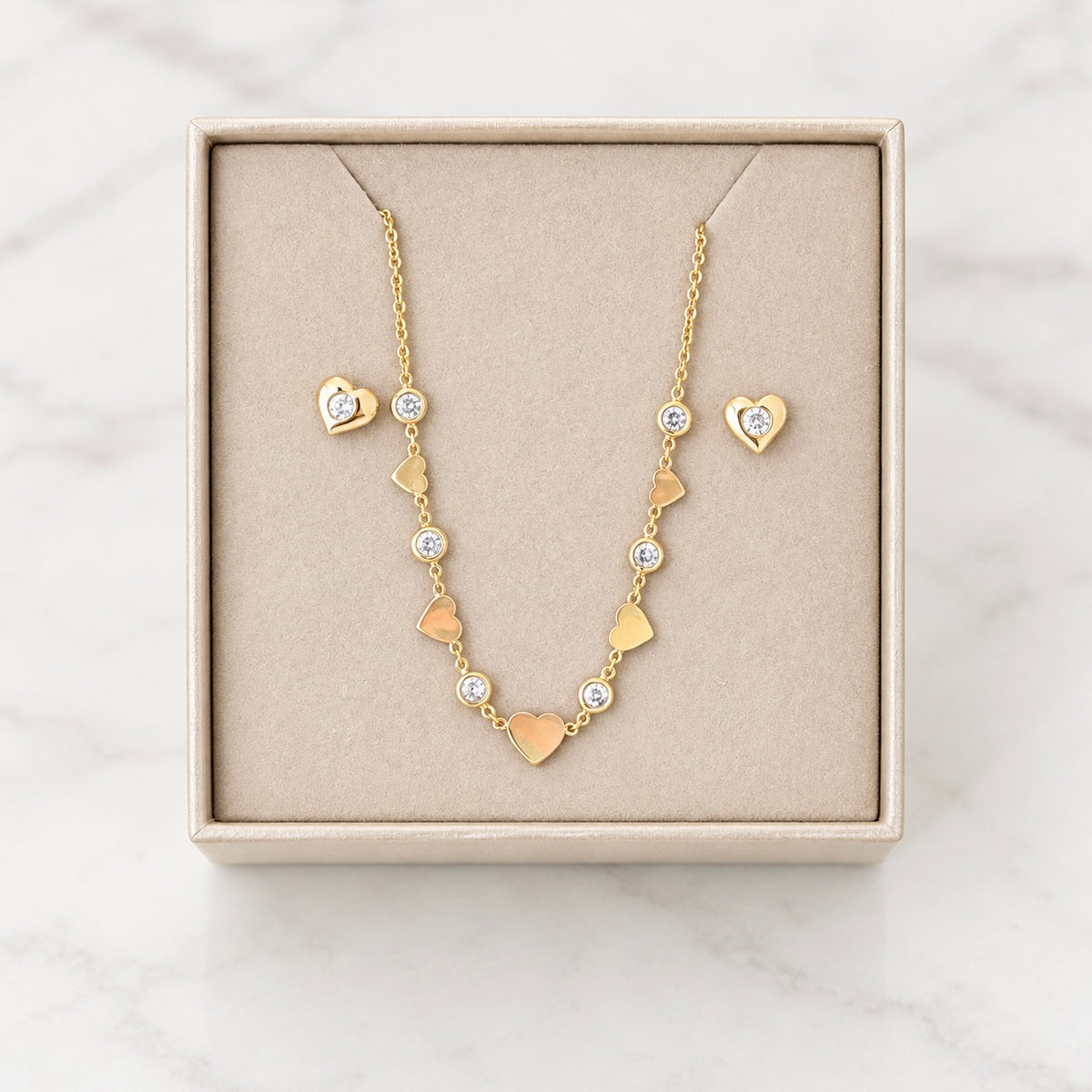 Heart Necklace and Earrings Set with White Zirconia / Chain 2.88 gr / 45cm / Earrings 0.85 gr / 18K Italian Gold