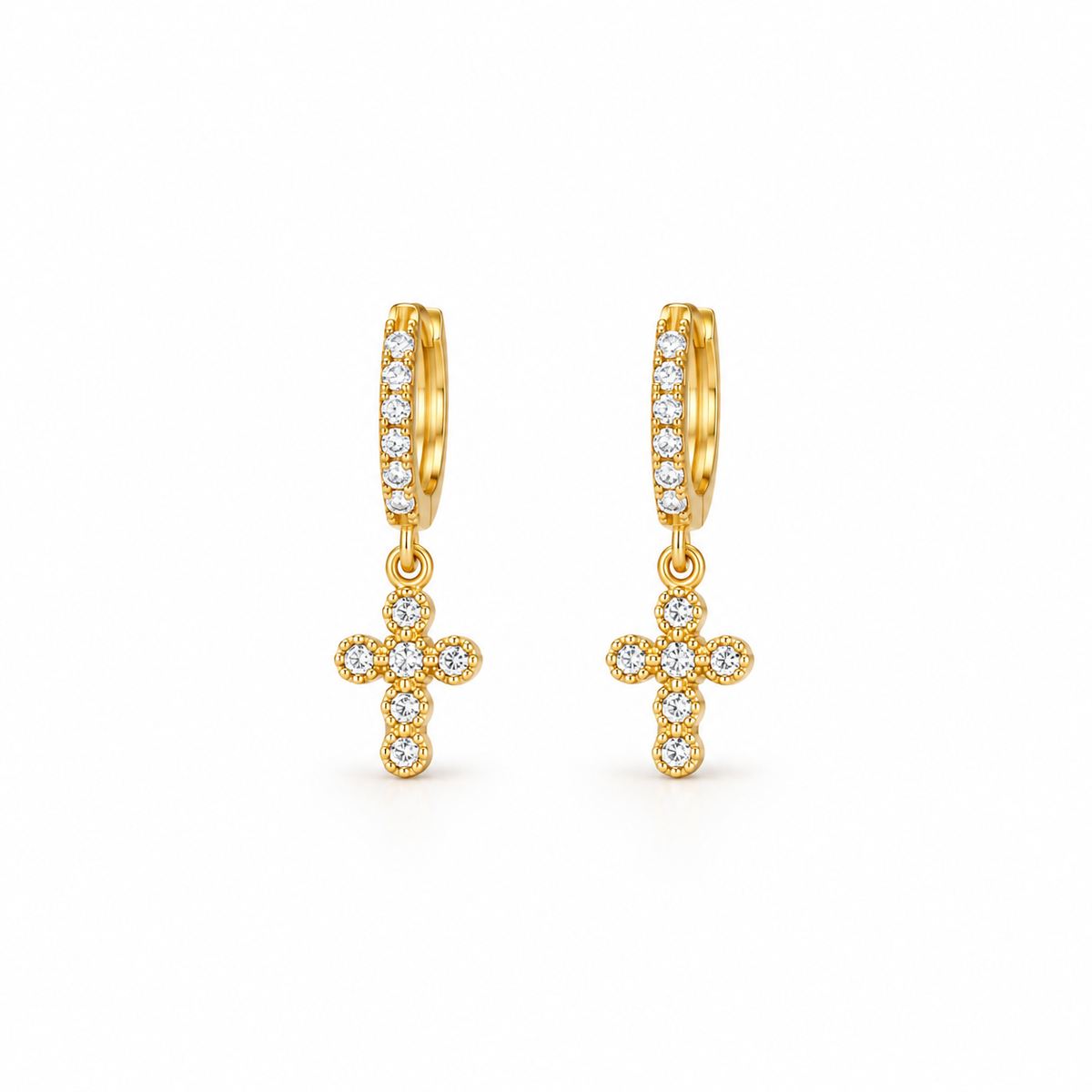 Hoop Earrings With Cubic Zirconia and Cross / 1.6 gr / 1.5 cm / 18K Italian Gold