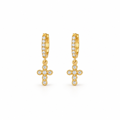 Hoop Earrings With Cubic Zirconia and Cross / 1.6 gr / 1.5 cm / 18K Italian Gold