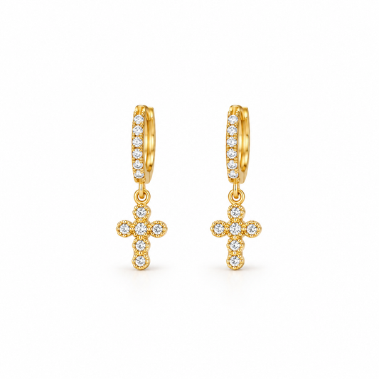 Hoop Earrings With Cubic Zirconia and Cross / 1.6 gr / 1.5 cm / 18K Italian Gold