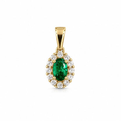 Oval Halo Green Pendant with White Zirconia  / 0.65 gr / 1.3 cm / 18K Italian Gold