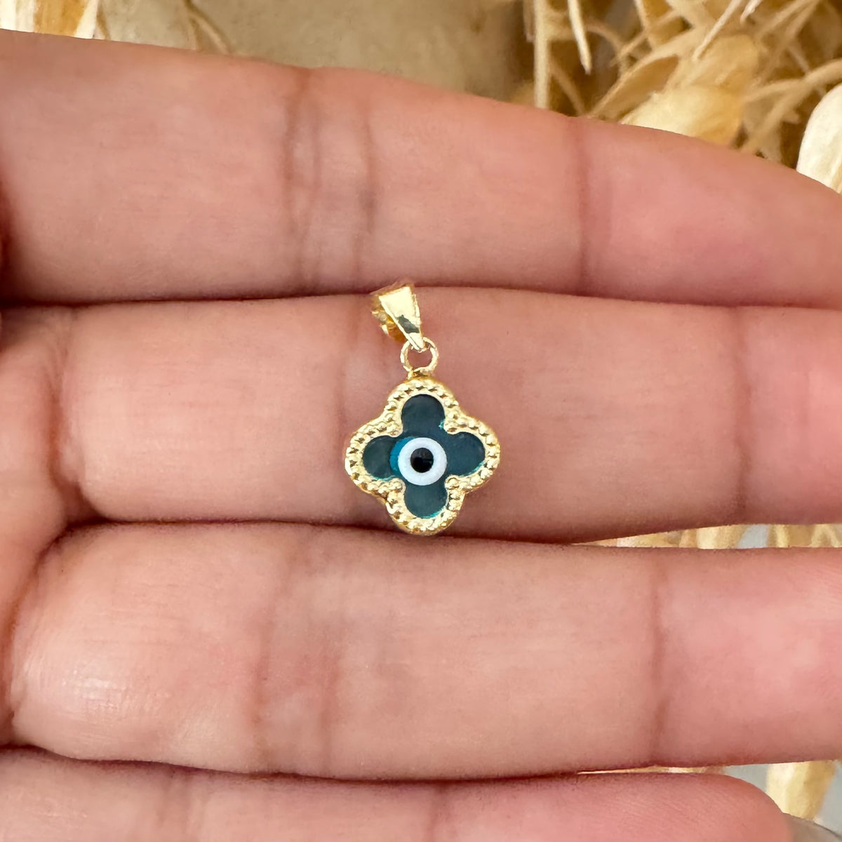 Blue Evil Eye Clover Pendant / 0.70 gr / 1.6 cm / 18K Italian Gold