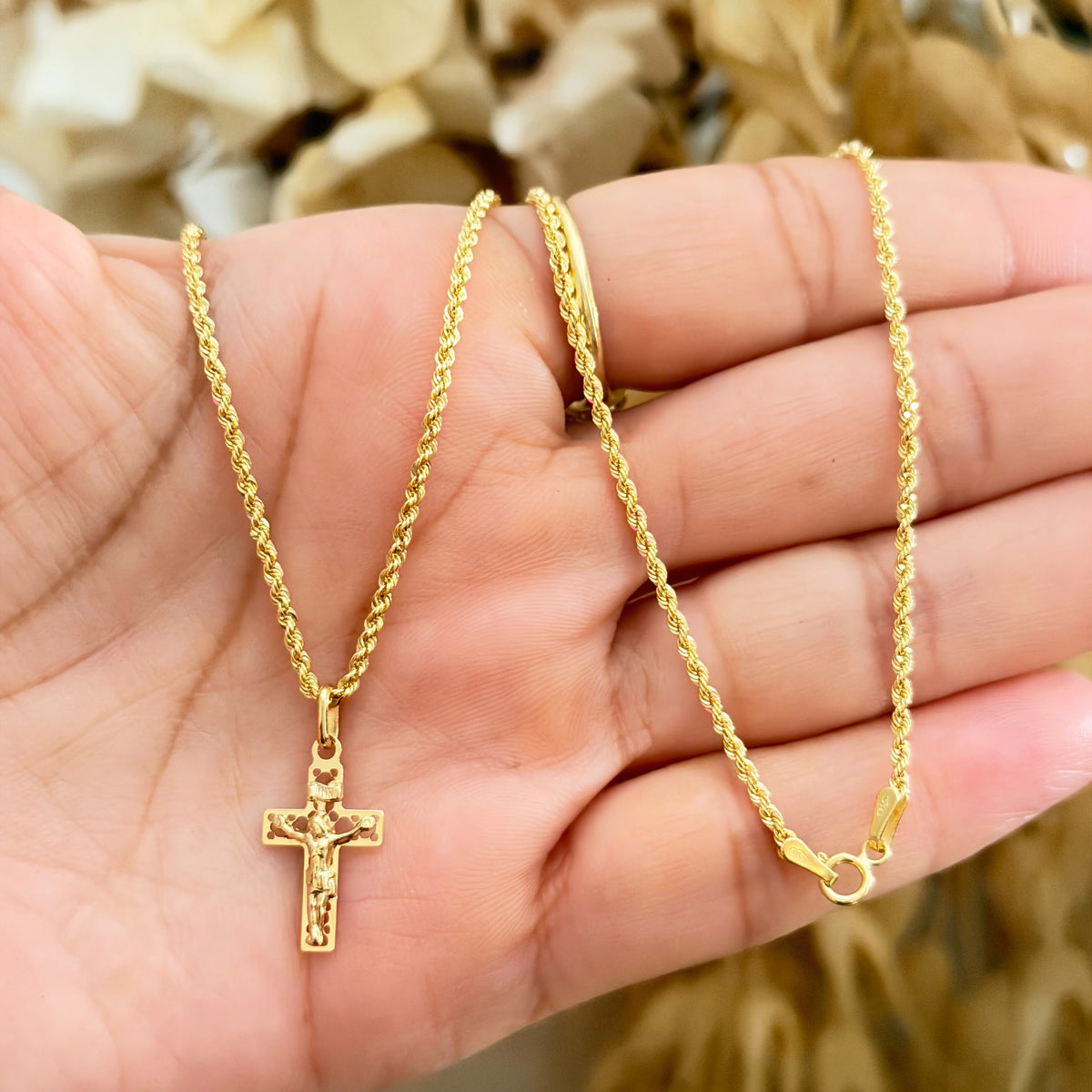 Mini Rope Chain with Crucifix Pendant / 2.1 gr / 45 cm / 2 mm / 18K Italian Gold