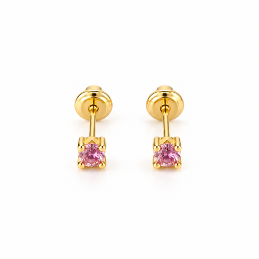 Pink Solitaire Stud Earrings / Per piece / 3 mm / Gold 18K