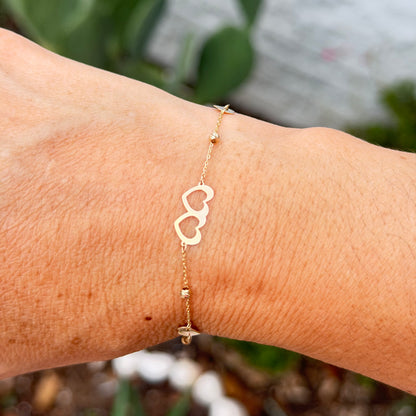 Adjustable Twin Heart Bracelet / 1.3 gr / 19 cm / 1 mm / 18K Italian Gold