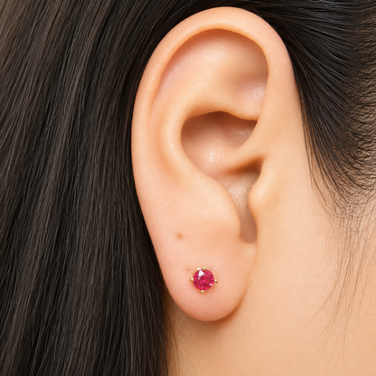 Round Earrings With Stone Red/ 0.85g/ 4mm/ Gold 18K