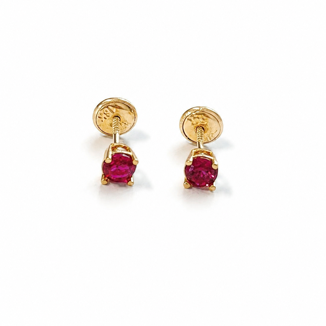 Round Earrings With Stone Red/ 0.85g/ 4mm/ Gold 18K