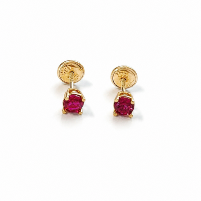 Round Earrings With Stone Red/ 0.85g/ 4mm/ Gold 18K