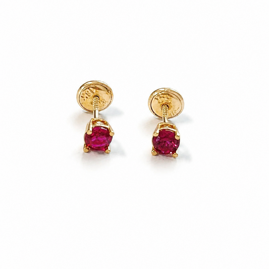 Round Earrings With Stone Red/ 0.85g/ 4mm/ Gold 18K