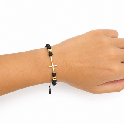 Black Macramé Cross Bracelet with Matte Gold Beads